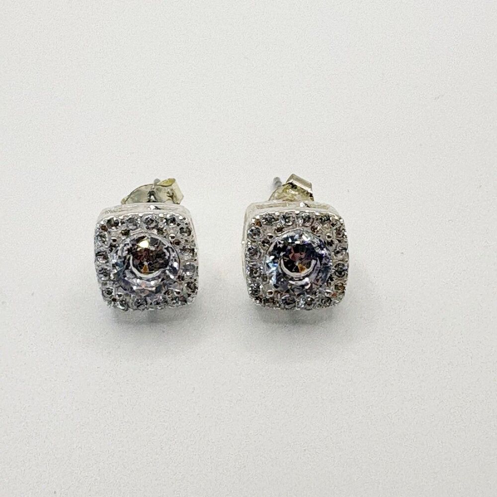 Crystal Square Studded Post Earrings Silver Tone